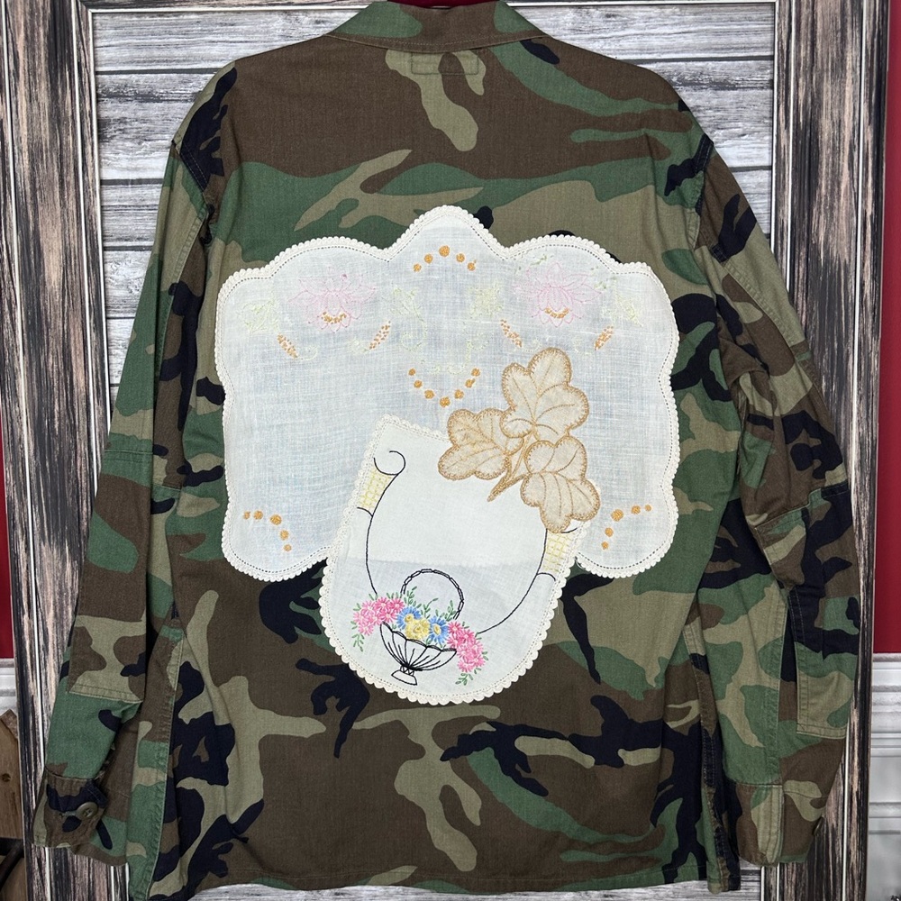 Vintage Authentic UpCycled Recycled Camo Military Jacket Coat with Boho Gypsy XL